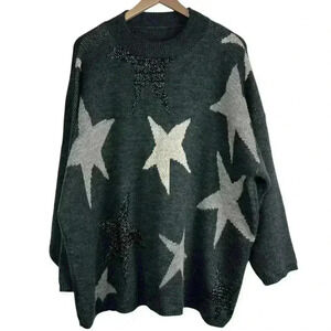 Vintage Oversized Star Print Sweater - Cozy Grunge Aesthetic Knitwear